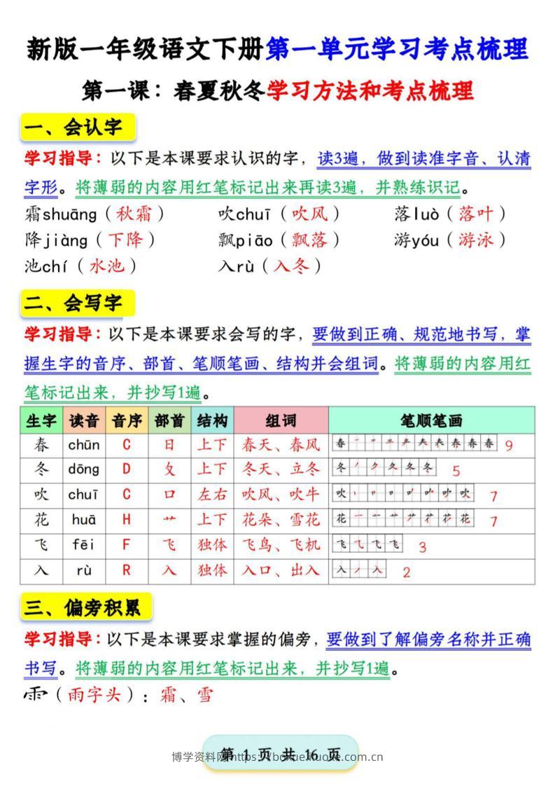 2025版一下语文第一单元学习考点梳理（16页）-博学资料网
