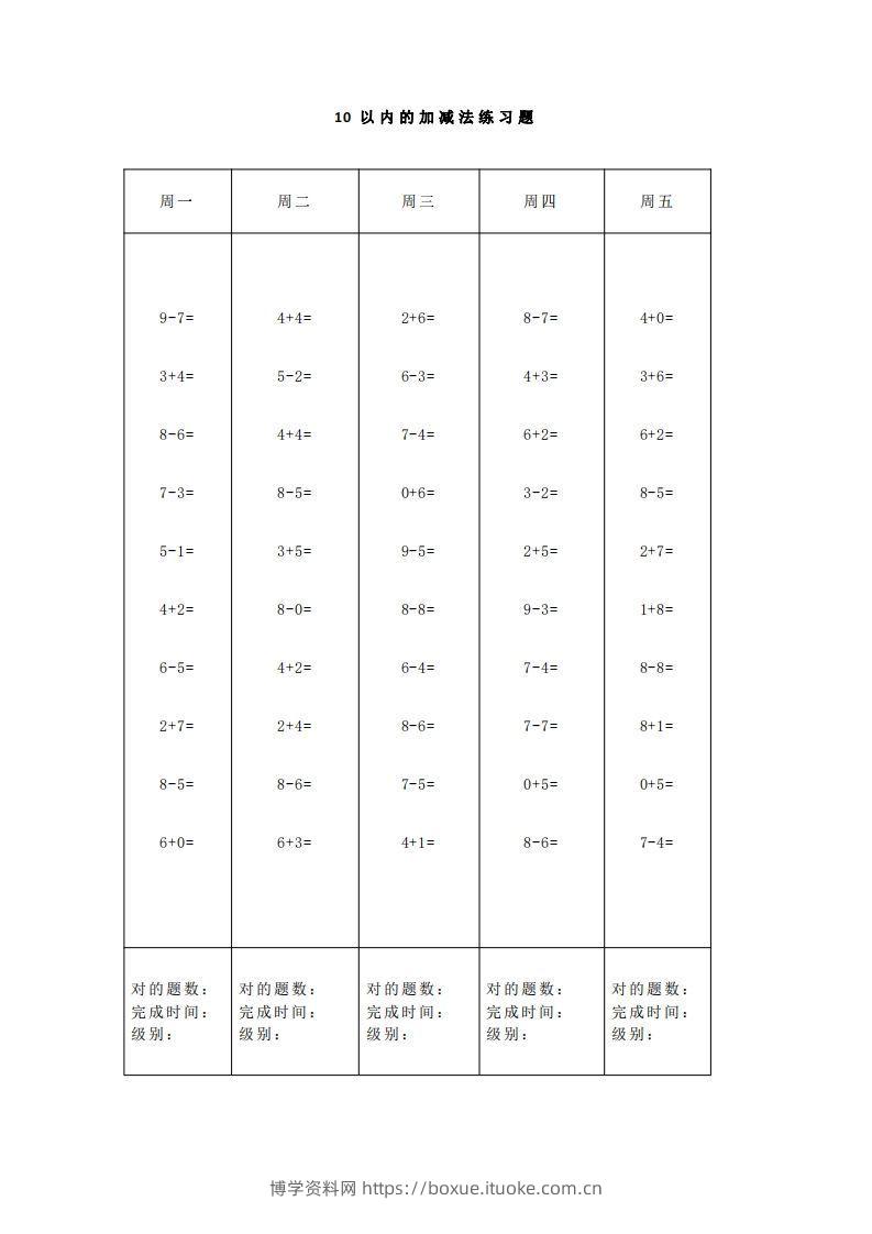 图片[2]-【数学】一（上）5、10、20以内口算天天练大全-博学资料网