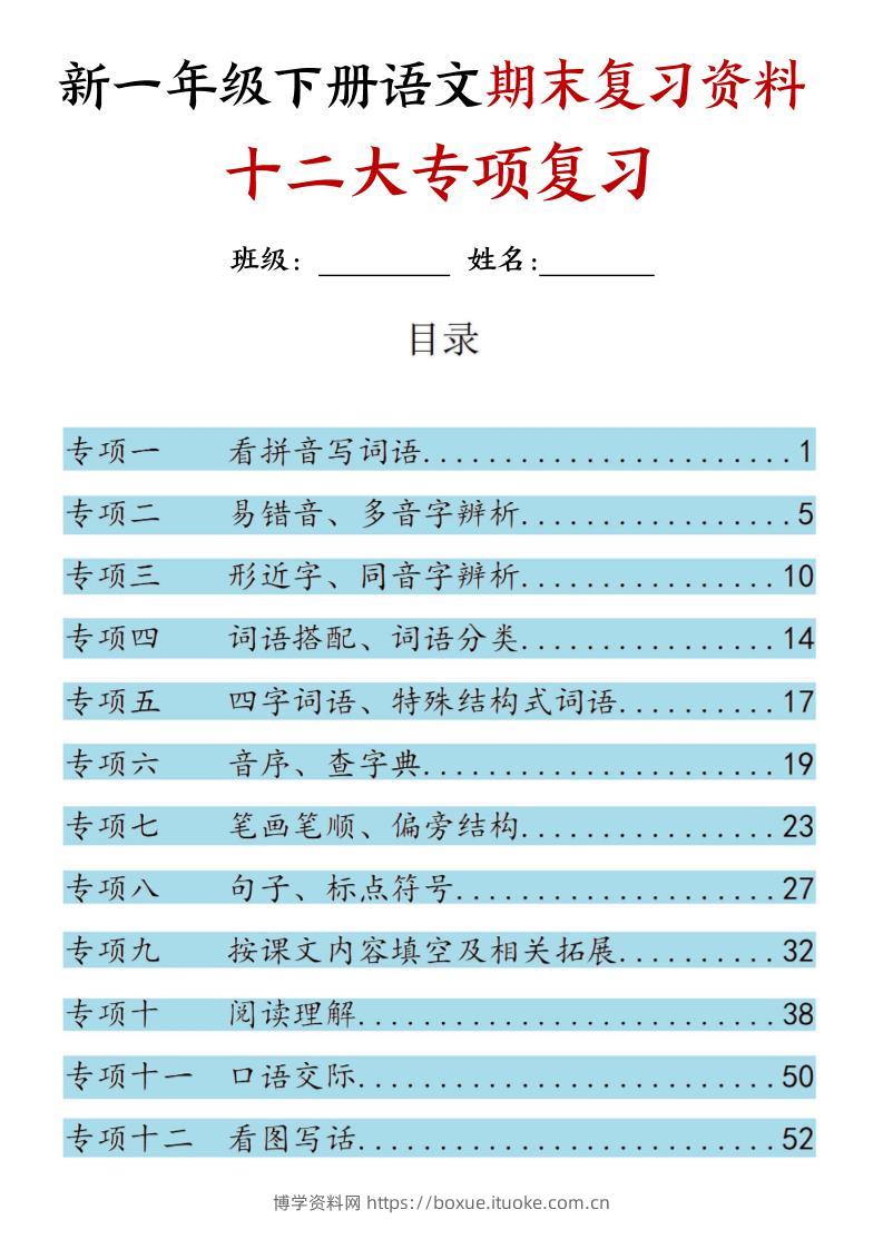 25新一下语文期末复习十二大专项归类复习（含答案66页）-博学资料网