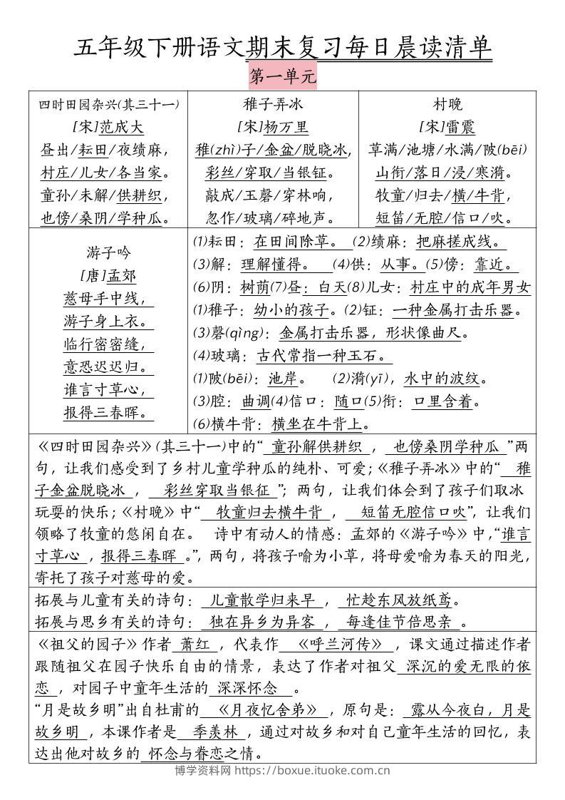 五下语文期末复习每日晨读清单-博学资料网