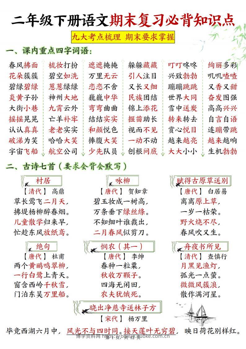 二下语文期末复习必背知识点九大考点梳理12页-博学资料网
