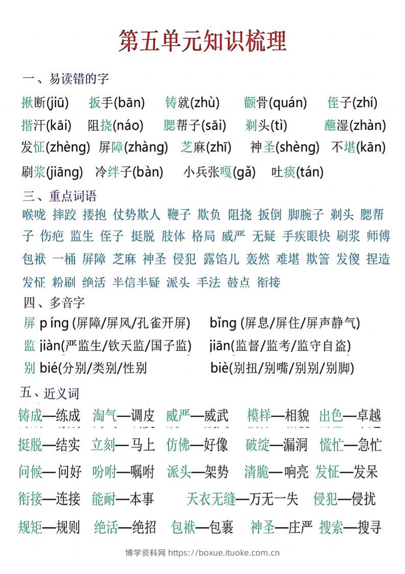 五年级下语文五单元知识梳理-博学资料网