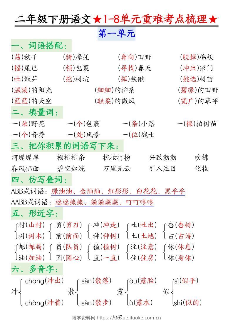 二下语文期末复习1-8单元重难考点梳理总结（17页）-博学资料网