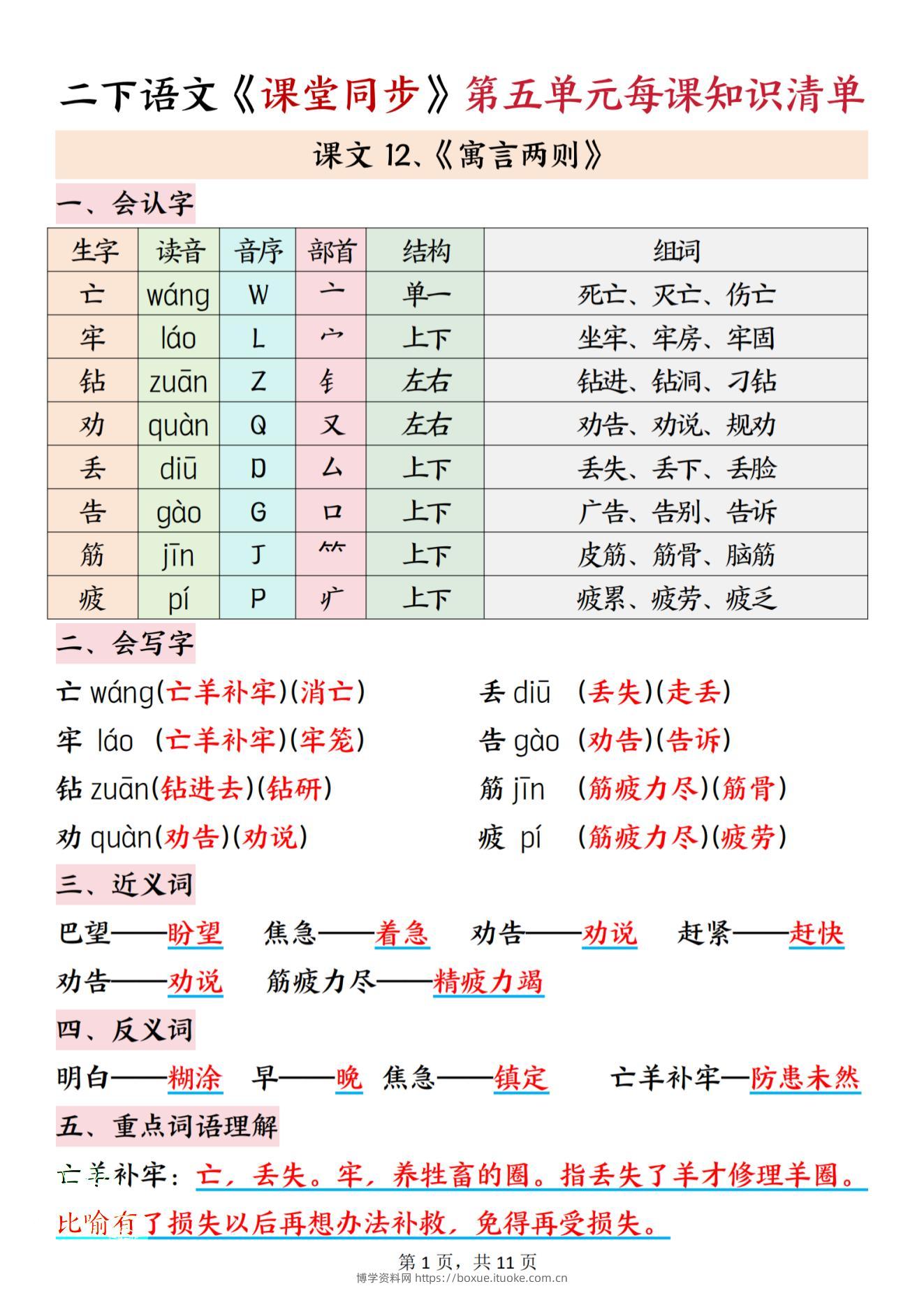 二下语文课堂同步第五单元每课知识清单11页-博学资料网