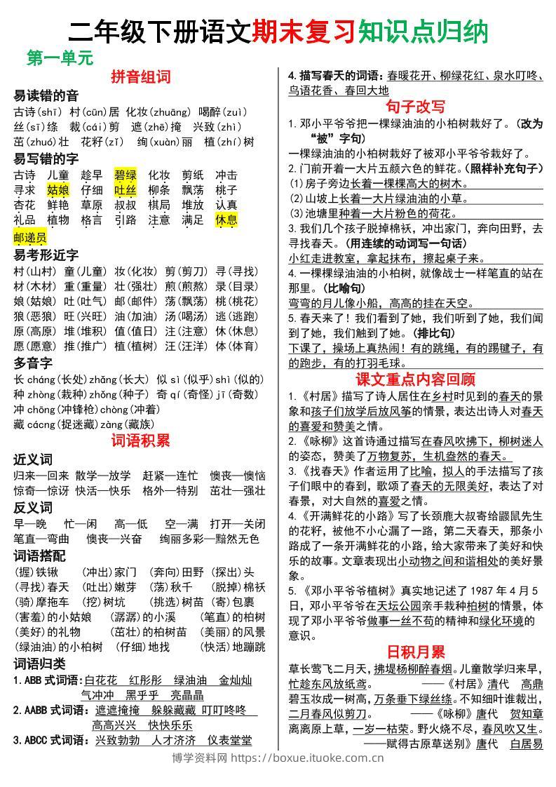 二下语文期末复习知识点归纳（8页极简版）-博学资料网
