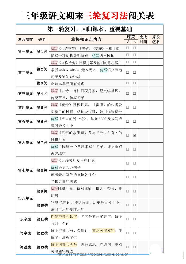 三下语文【期末三轮复习法闯关表】（2页）-博学资料网
