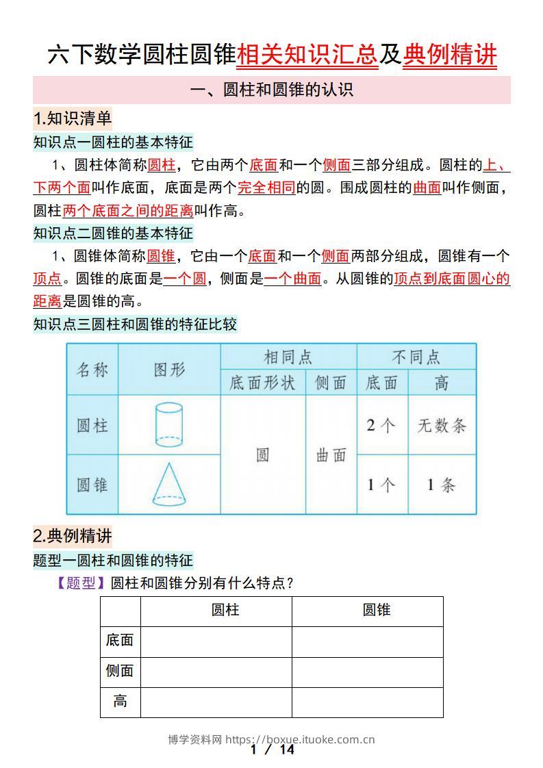 六下数学圆柱圆锥相关知识汇总及典例精讲-博学资料网