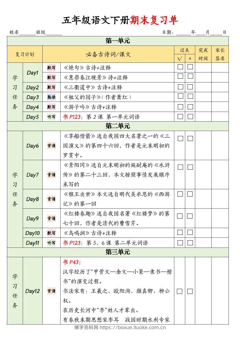 五下语文期末复习单-博学资料网