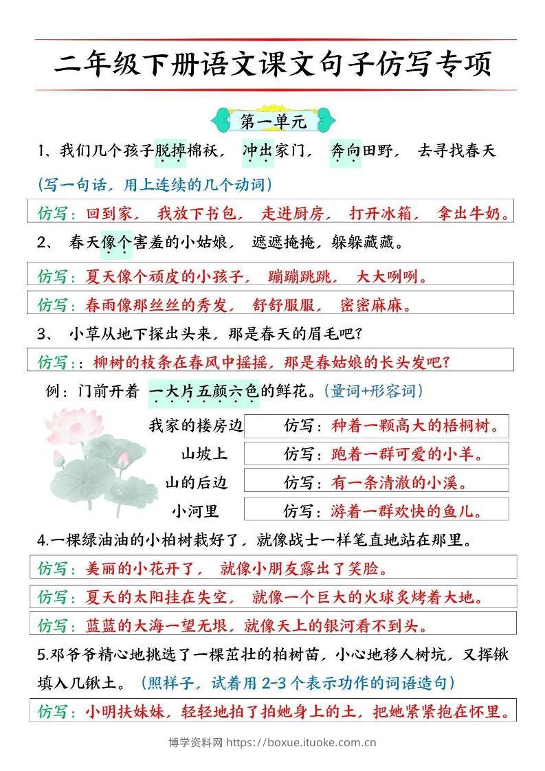 二下语文【必考仿写句子】读背版-博学资料网
