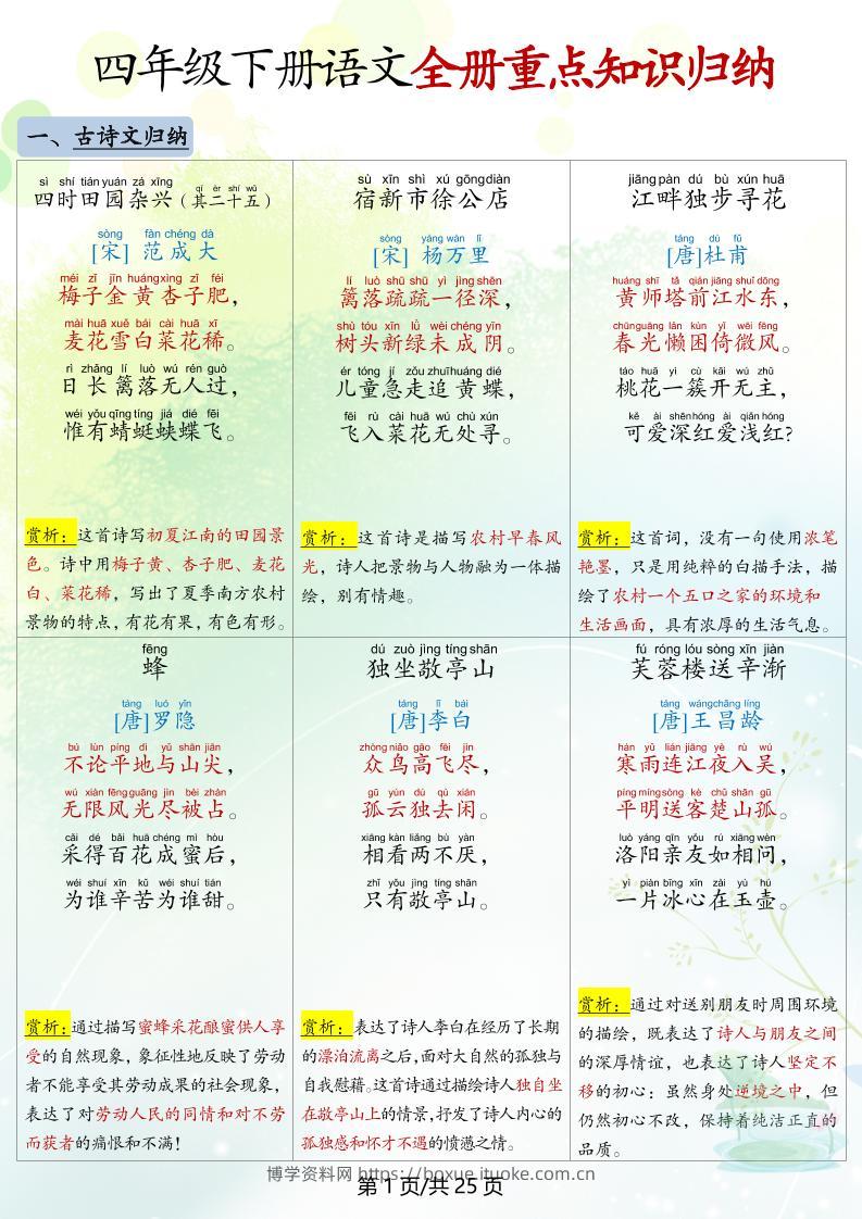 四下语文全册重点知识归纳-博学资料网