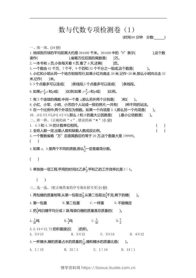 六下青岛63版数学期末数与代数专项检测卷（1）-博学资料网