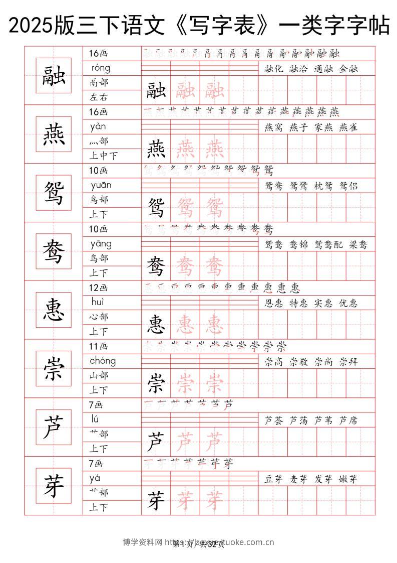 25版三下语文《写字表》一类字字帖32页-博学资料网