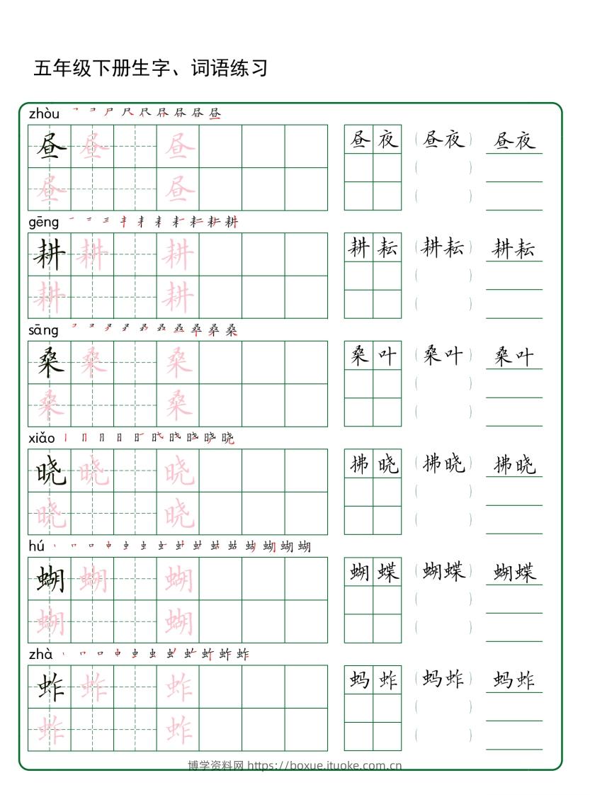 五年级下册语文生字词语练字（30页秋版）-博学资料网