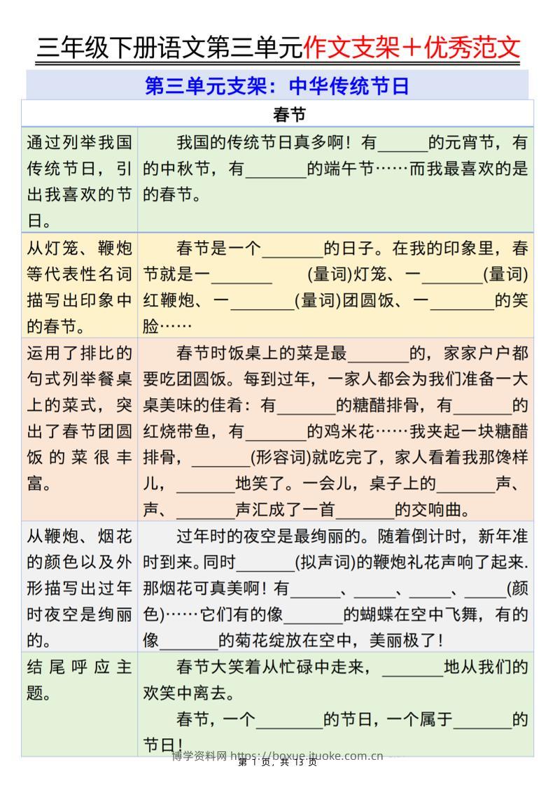 三下语文第三单元作文支架＋优秀范文13页-博学资料网
