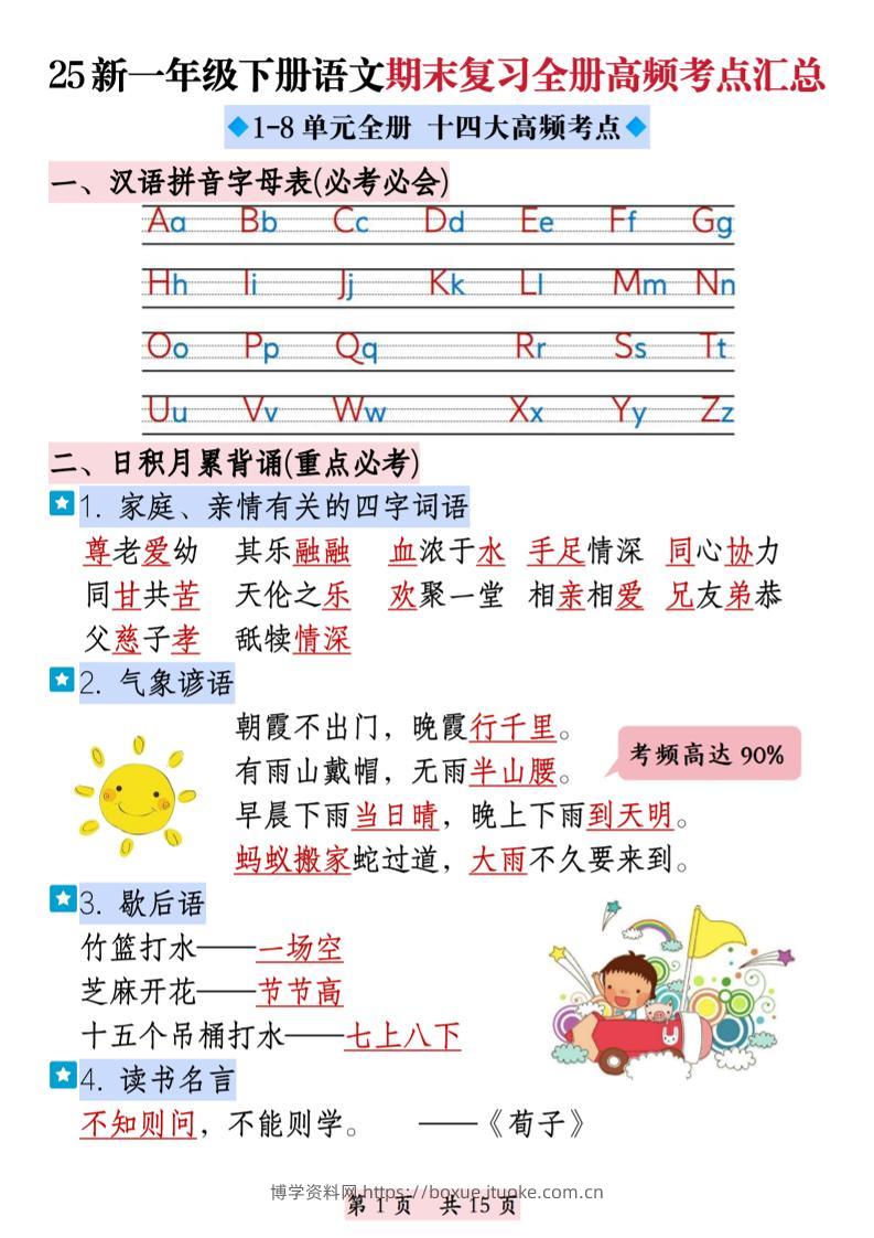 25新一下语文期末复习全册高频考点汇总（十四大高频考点）15页-博学资料网