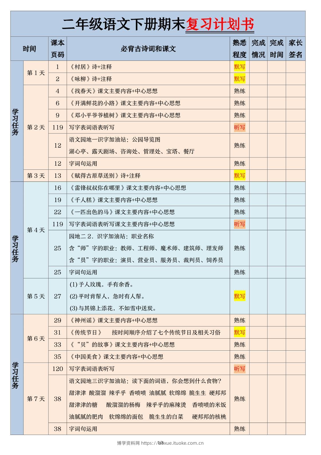 二下语文【期末三轮复习法闯关表】（3页）-博学资料网
