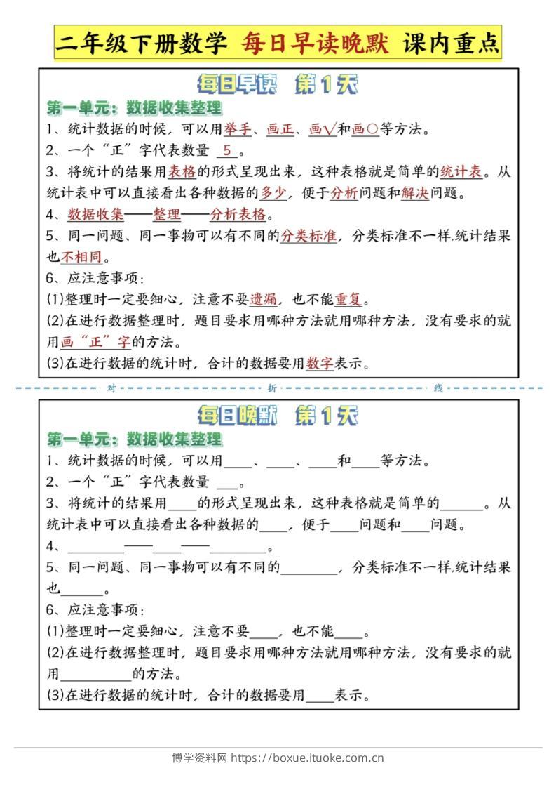 二年级下数学重点每日早读晚默（14页）-高清无水印完整版本-博学资料网