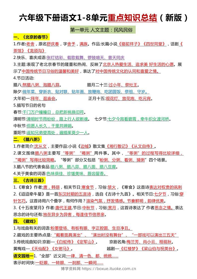 六年级下语文1-8单元常考知识点总结-博学资料网