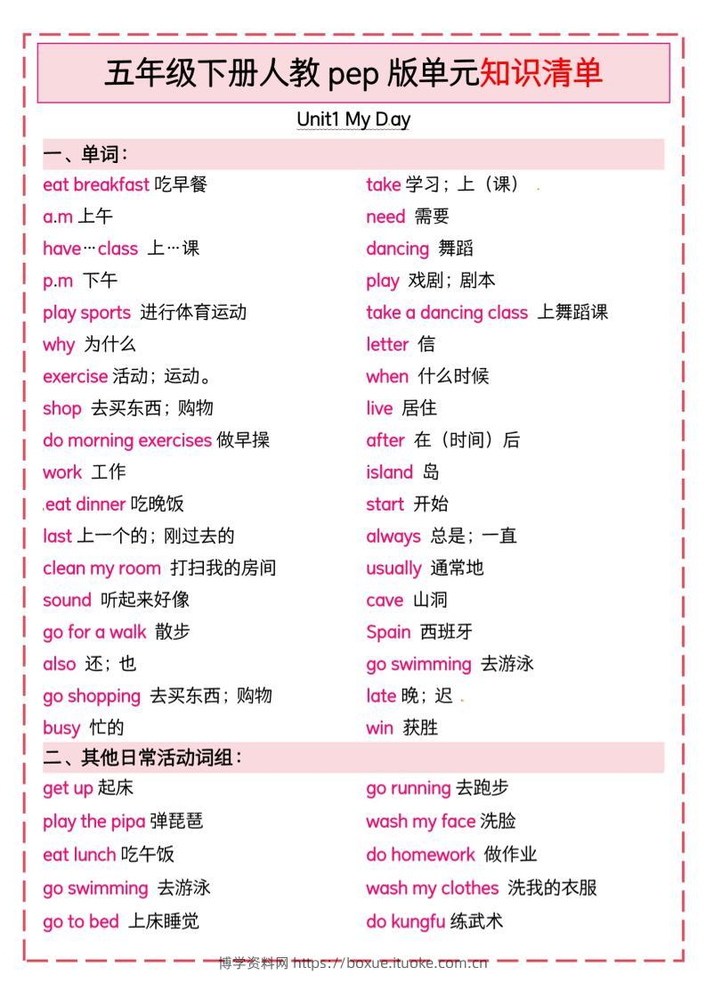 五下英语人教pep版单元知识清单-博学资料网