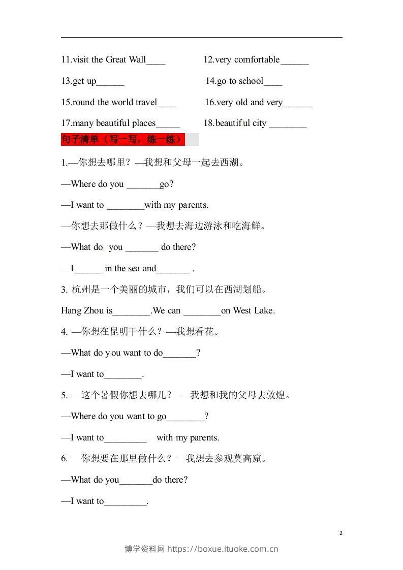 图片[2]-❤四年级英语下册单元知识背诵清单Unit3TravelPlans人教新起点（含答案）-博学资料网