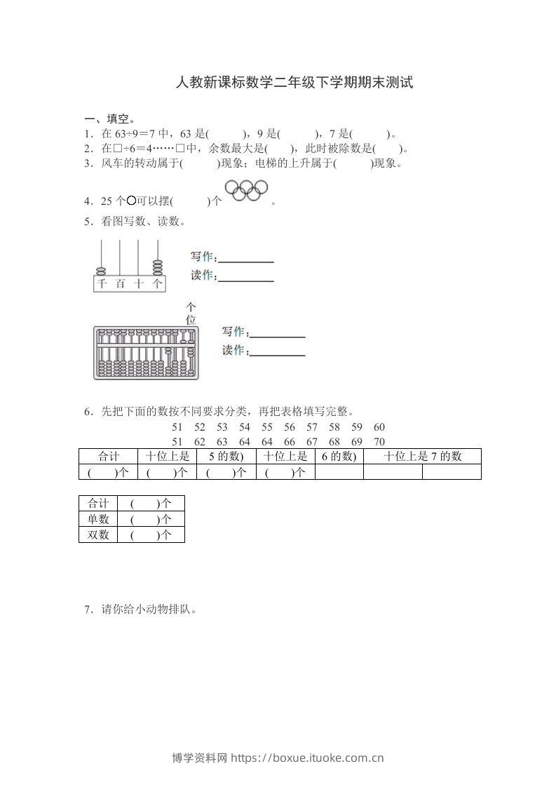 二下人教版数学期末测试卷10-博学资料网