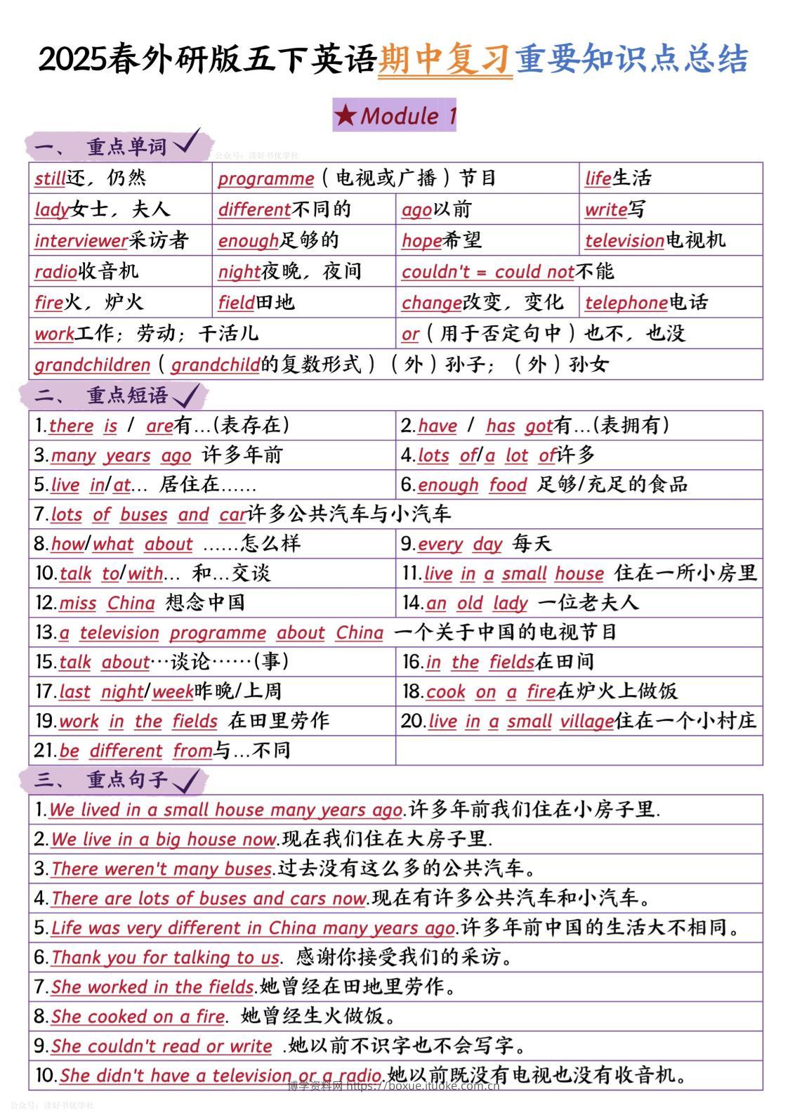 五下英语外研期中知识梳理-博学资料网