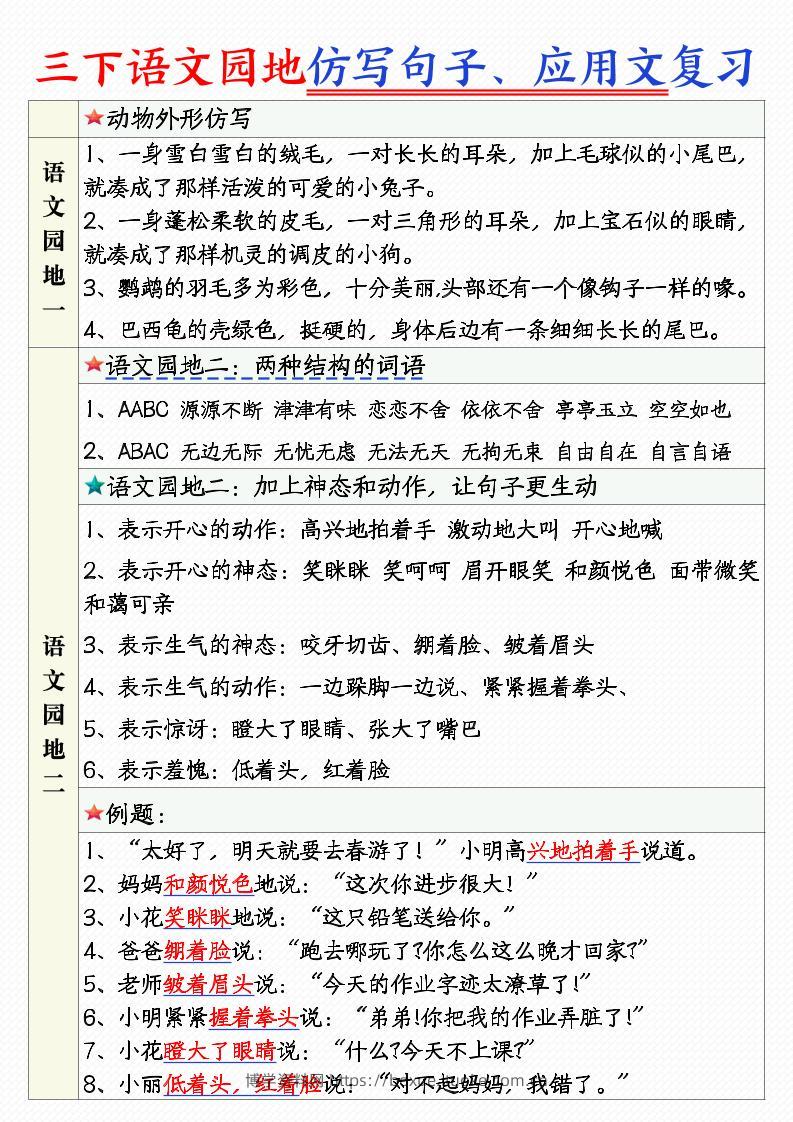 三年级下语文1-8单元语文园地句子仿写+应用文专练-博学资料网