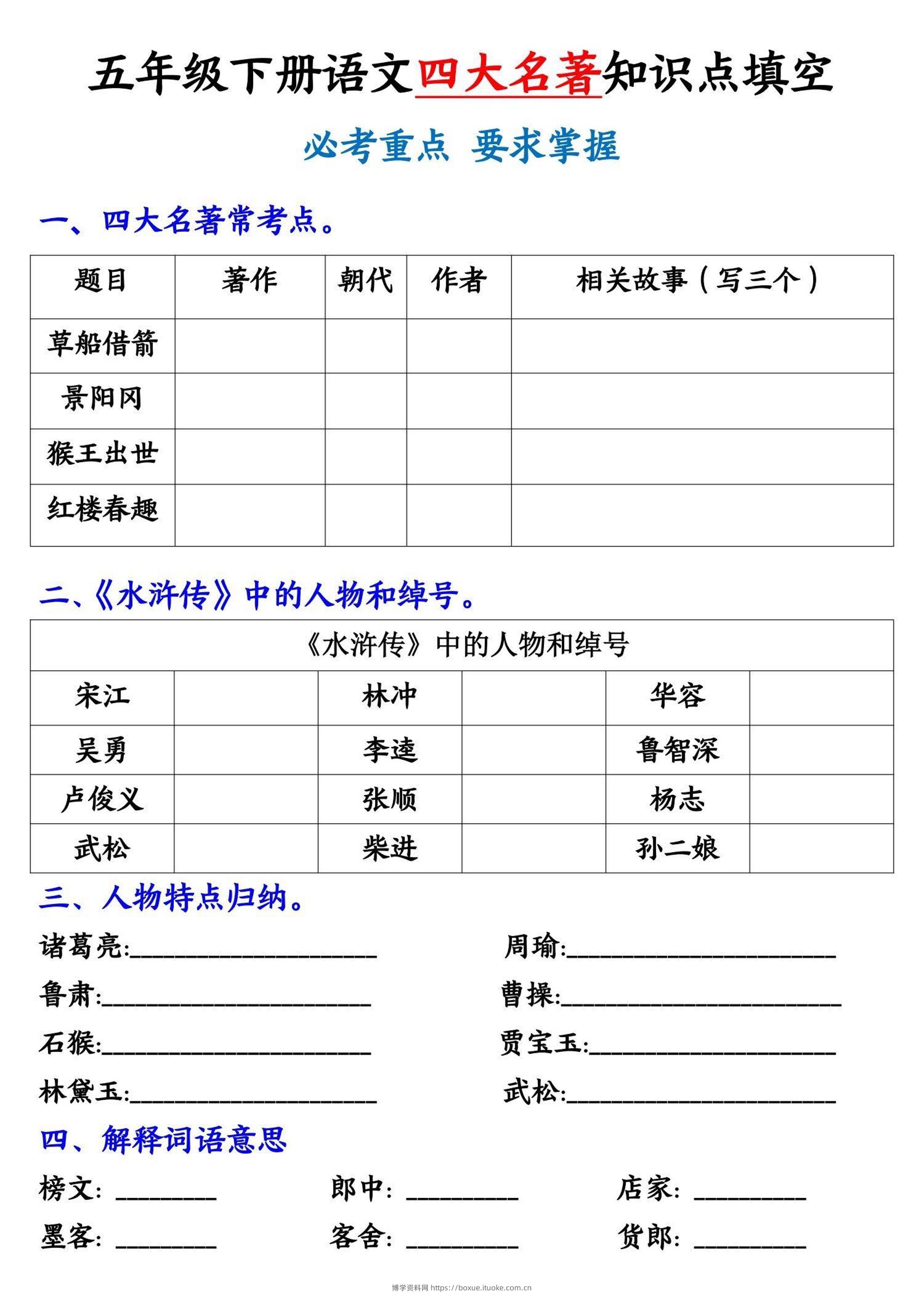 【《四大名著》知识点填空】五下语文-博学资料网