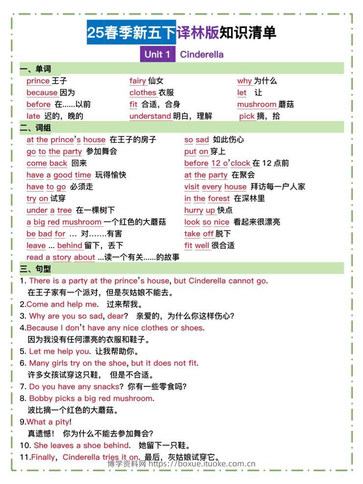 五下译林英语知识清单-博学资料网