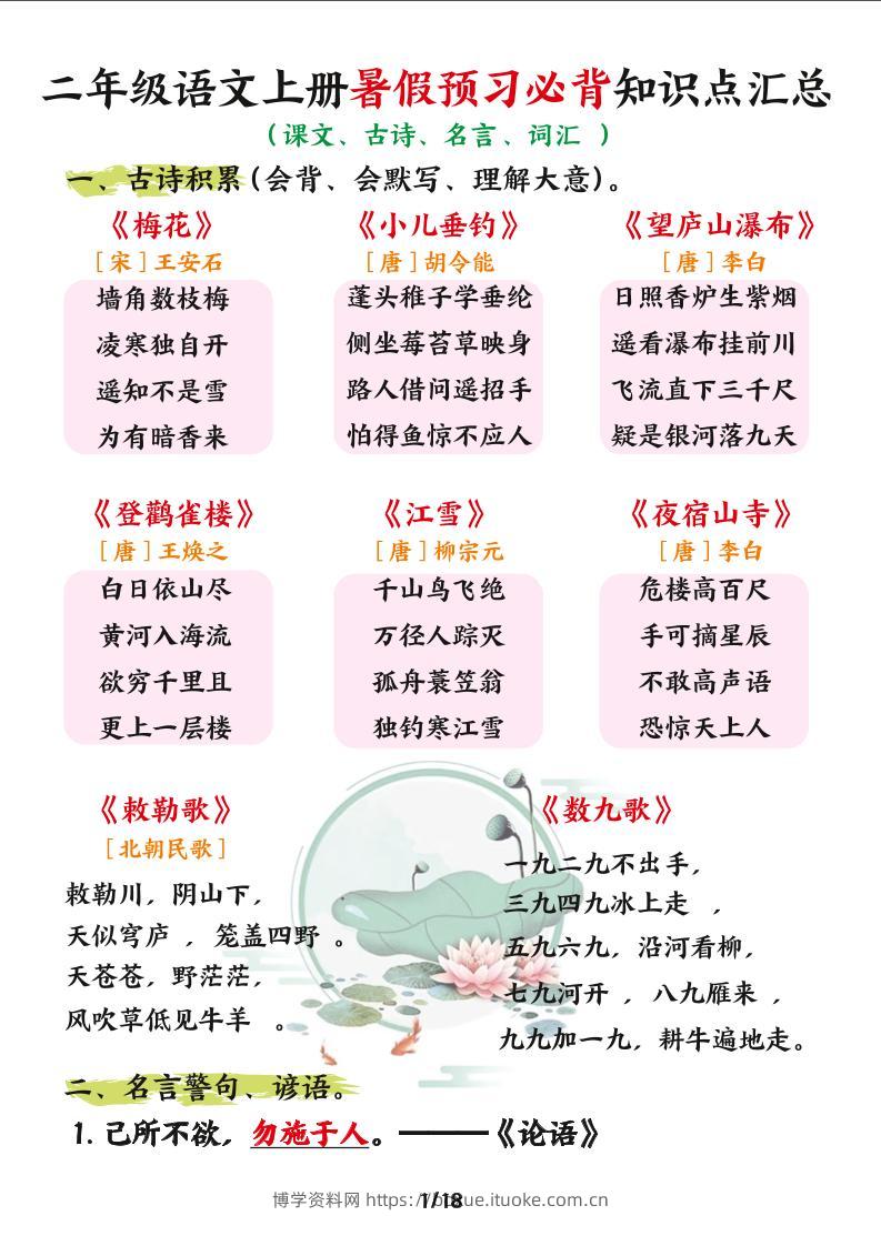 二年级语文上册暑假预习必背知识点汇总-博学资料网