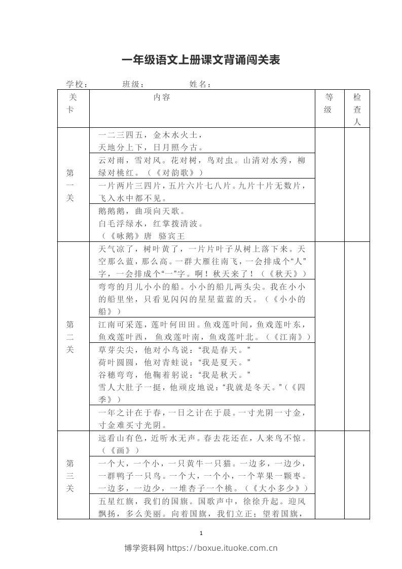 一年级上册语文背诵课文内容及闯关表-博学资料网