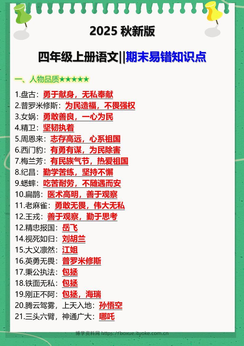 【2025秋新版】四年级上册语文‖期末易错知识点-博学资料网