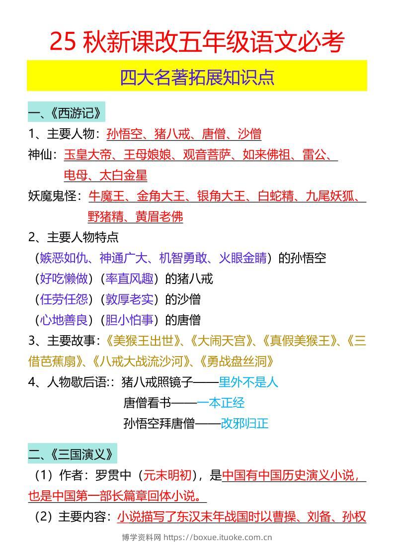 【2025秋新版】五年级语文必考四大名著拓展知识点-五上语文-博学资料网