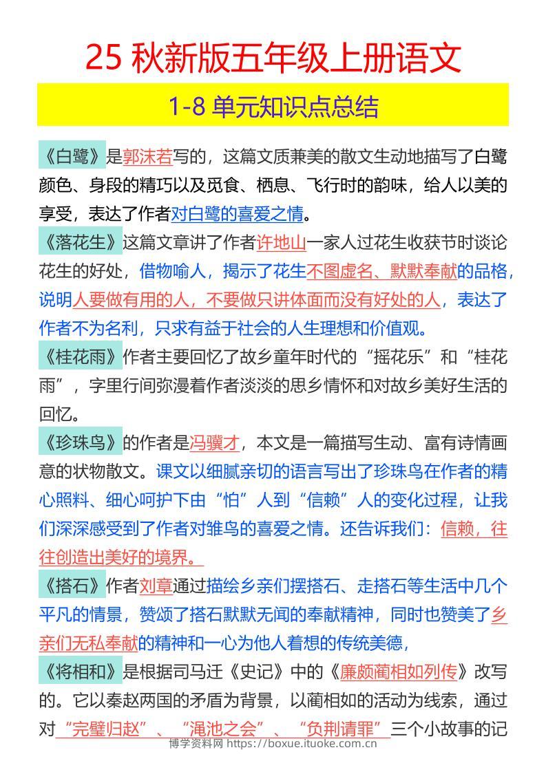 【2025秋新版】五年级上册语文1-8单元知识点总结-博学资料网