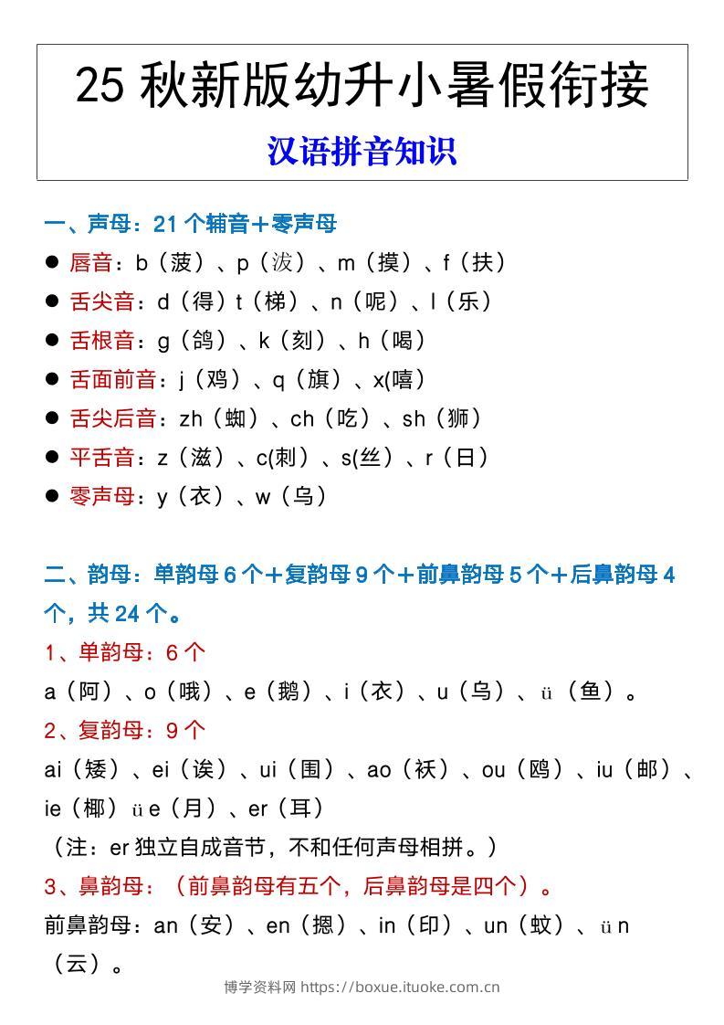 【2025秋新版】幼升小暑假衔接汉语拼音知识-博学资料网