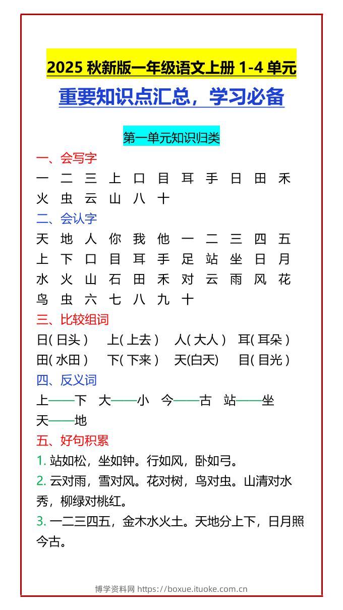 【2025秋新版】一年级语文上册1-4单元重要知识点汇总，学习必备-博学资料网