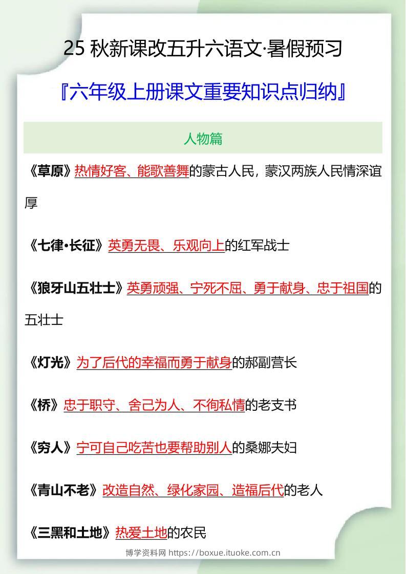 【2025秋新版】六年级语文上册课文重要知识点归纳-博学资料网