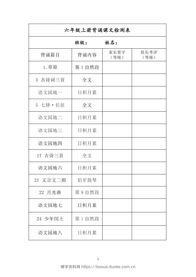 六年级上册背诵课文检测表及内容-语文-博学资料网