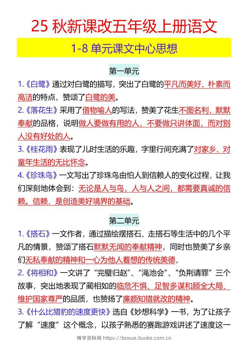 【2025秋新版】五年级上册语文1-8单元课文中心思想-博学资料网