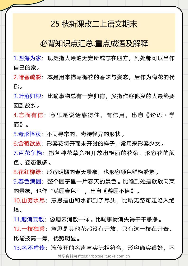 【2025秋新版】二上语文期末必背知识点汇总.重点成语及解释-博学资料网