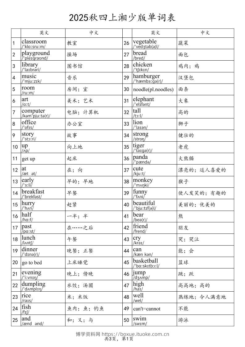 2025秋四上英语湘少版单词表-博学资料网