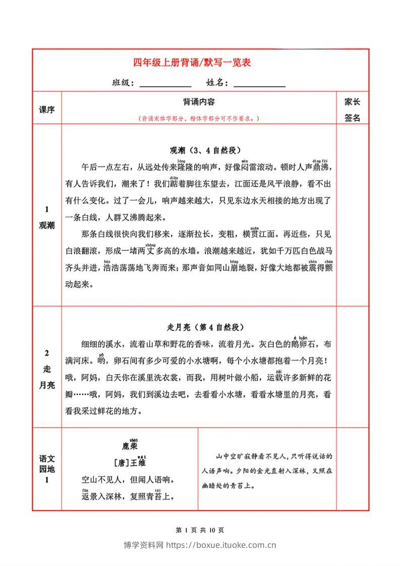 四上语文必背内容+默写表-博学资料网