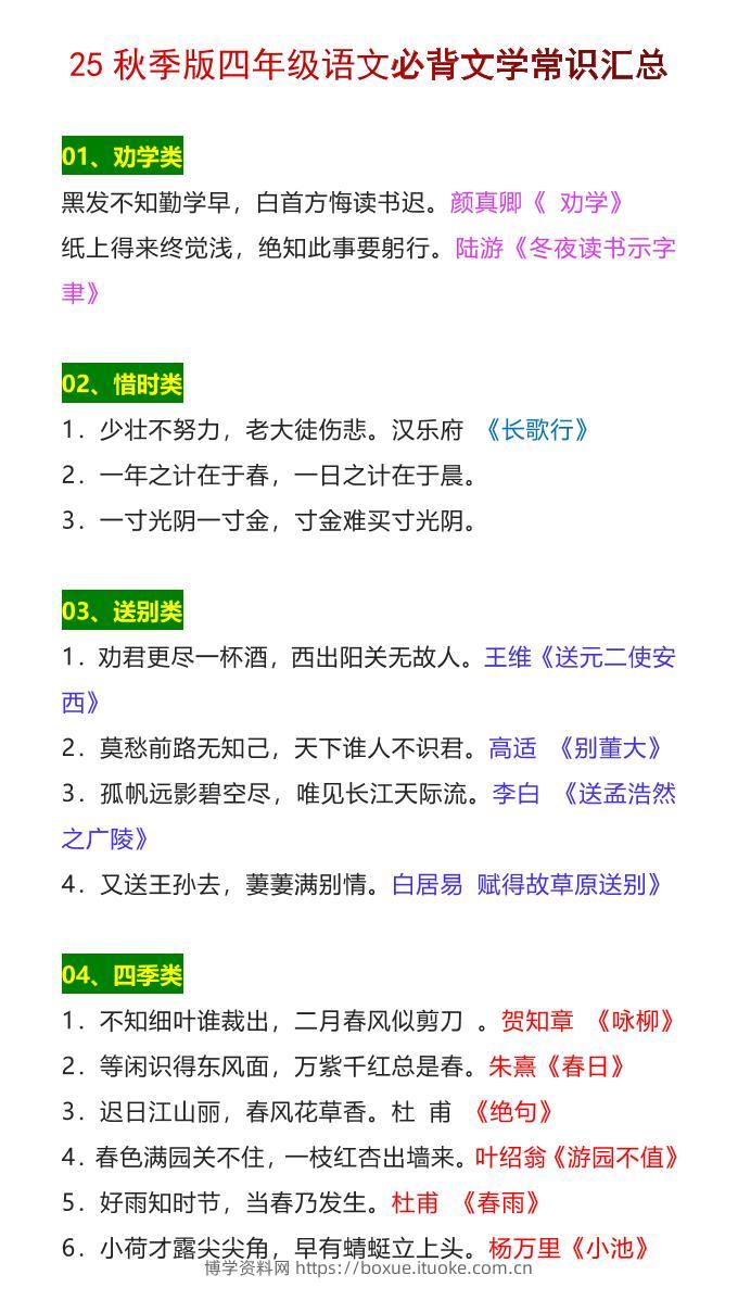 【2025秋新版】四年级语文上册必背文学常识汇总-博学资料网