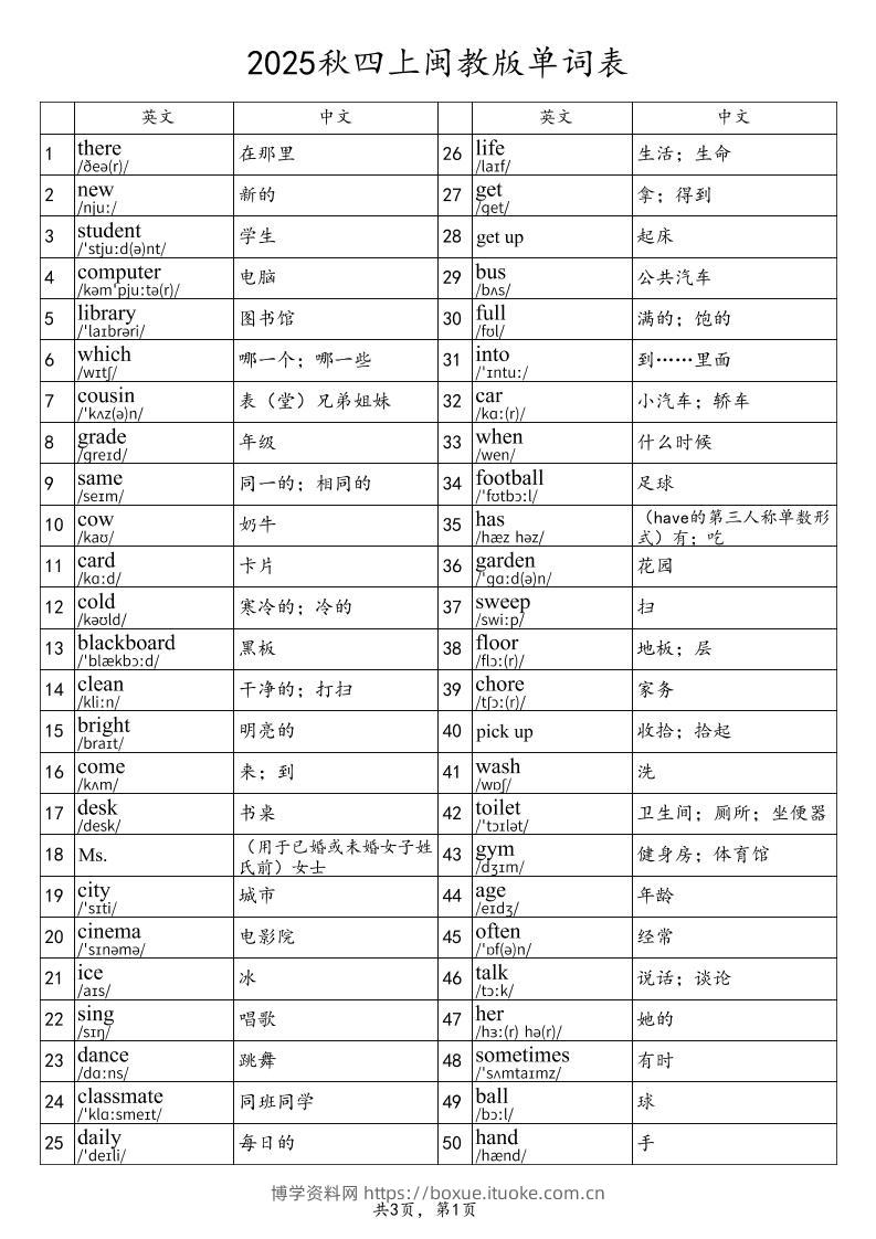 2025秋四上英语闽教版单词表-博学资料网