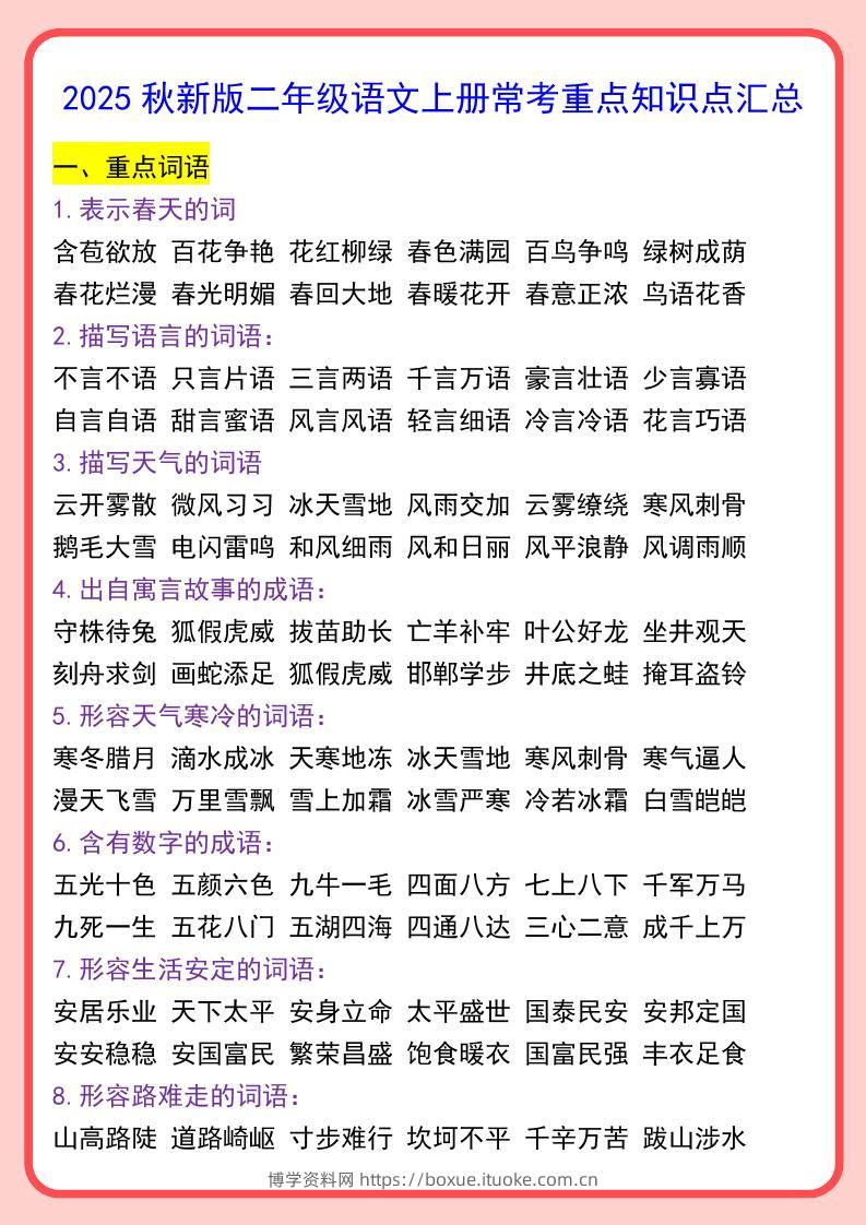 【2025秋新版】二年级语文上册常考重点知识点汇总-博学资料网