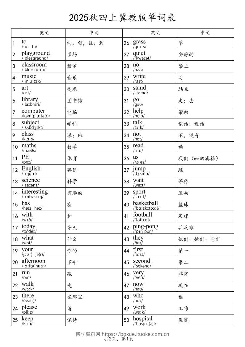 2025秋四上英语冀教版单词表-博学资料网