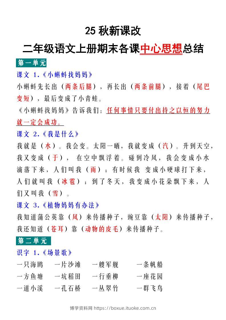 【2025秋新版】二年级语文上册期末各课中心思想总结-博学资料网