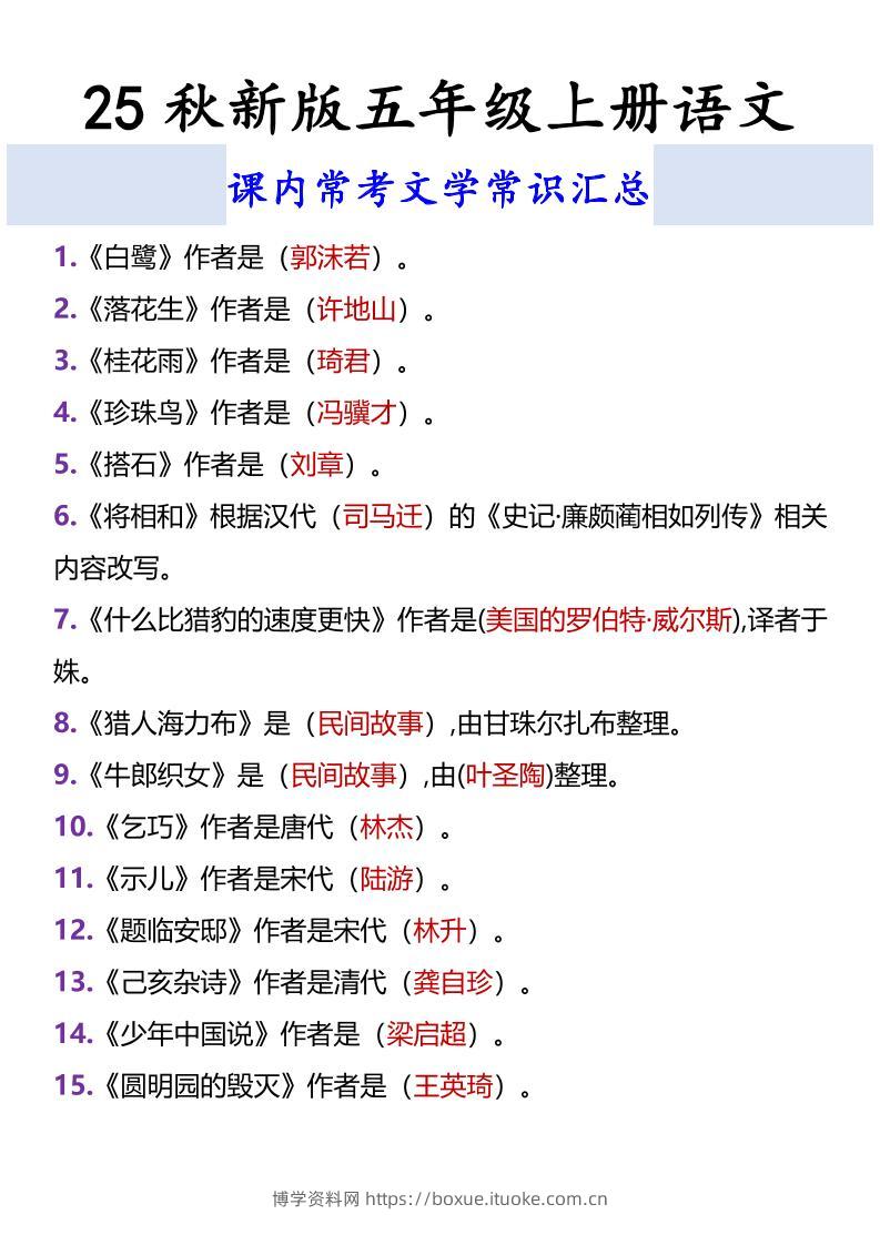 【2025秋新版】五年级上册语文课内常考文学常识汇总-博学资料网