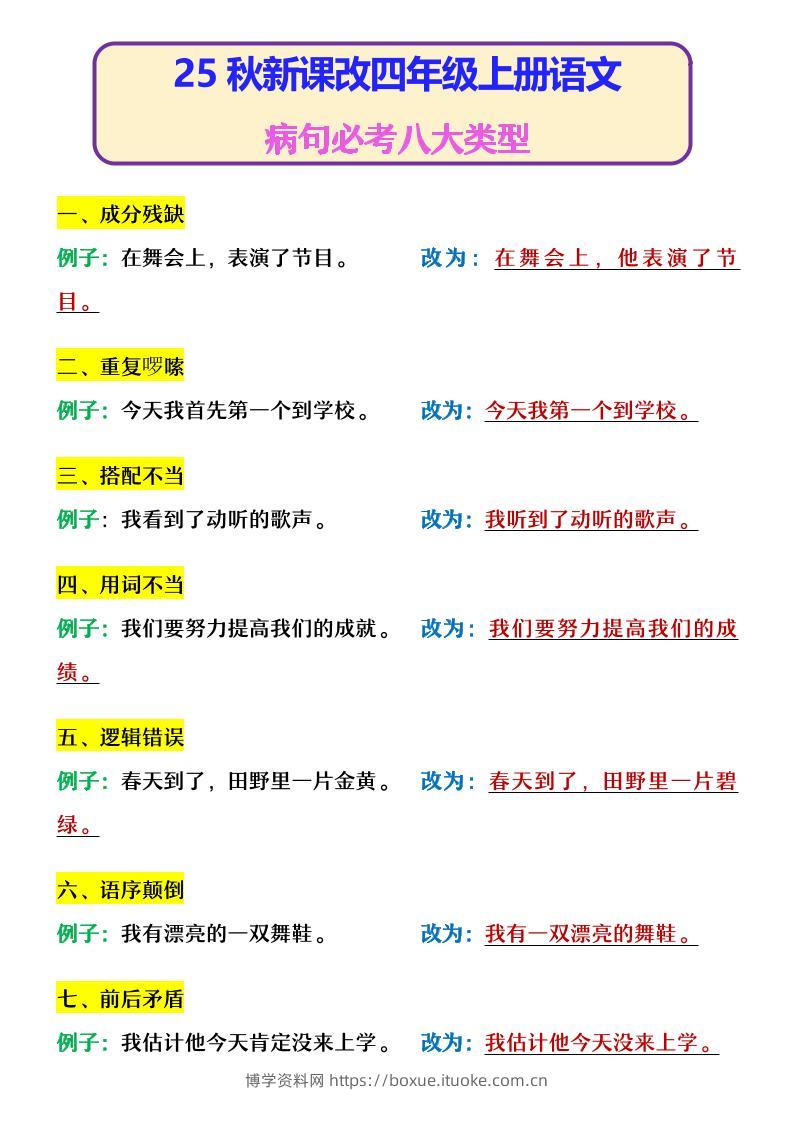 【2025秋新版】四年级上册语文病句必考八大类型-博学资料网
