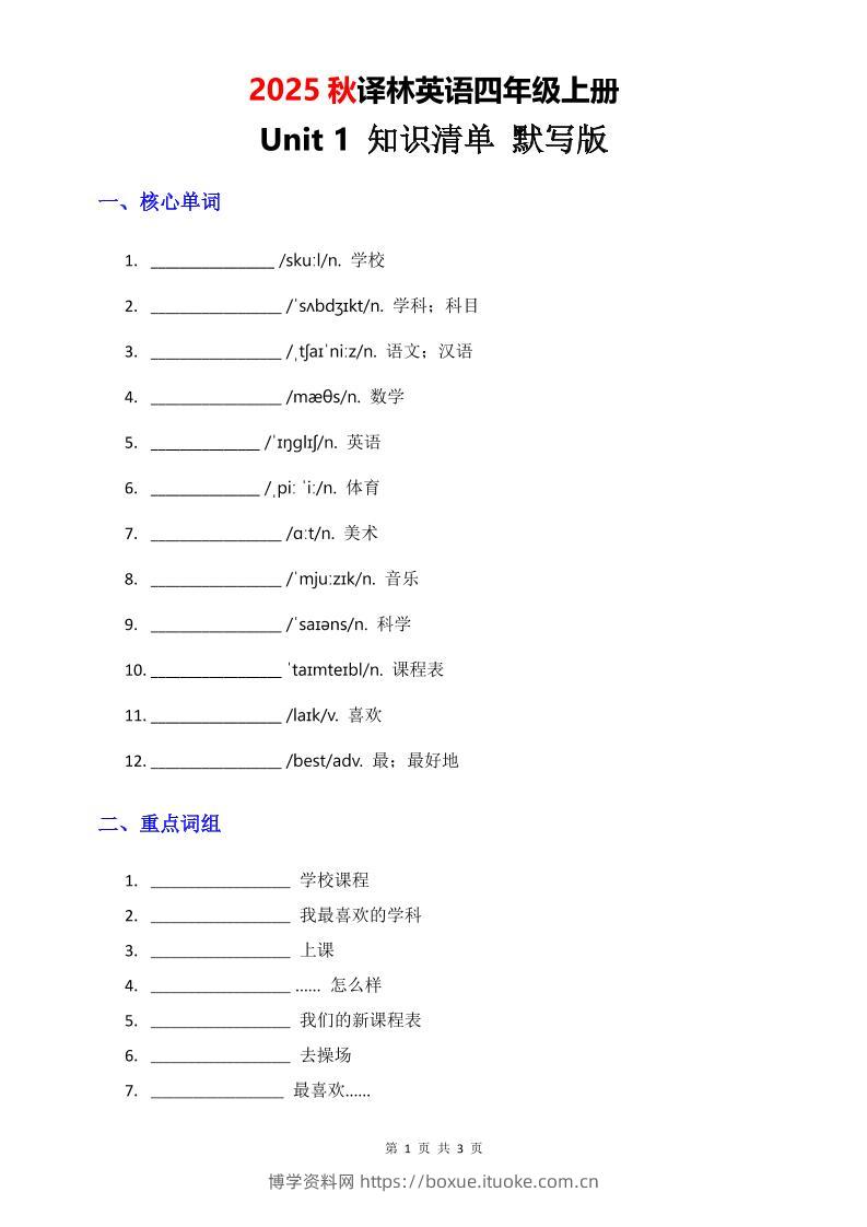 2025秋译林英语四上Unit1知识清单-默写版-博学资料网
